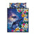 Hawaiian Lei Day Plumeria Humpback Whales Quilt Bed Set Polynesian Art Vibrant Starry Nebula Style