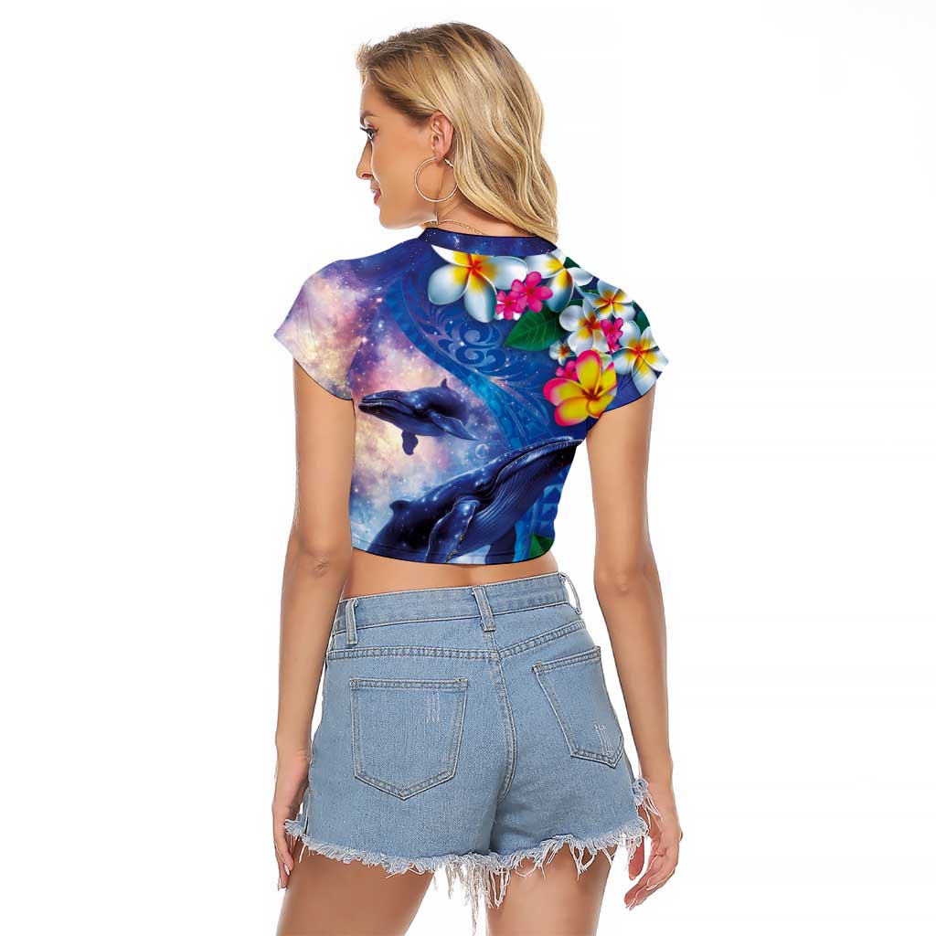 Hawaiian Lei Day Plumeria Humpback Whales Raglan Cropped T Shirt Polynesian Art Vibrant Starry Nebula Style