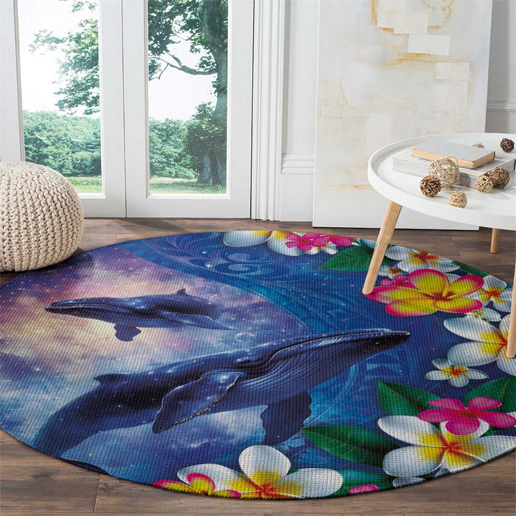 Hawaiian Lei Day Plumeria Humpback Whales Round Carpet Polynesian Art Vibrant Starry Nebula Style LT03 - Polynesian Pride