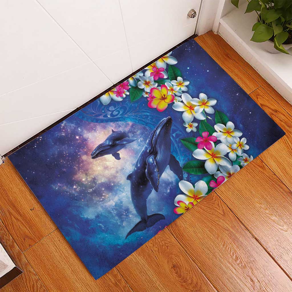 Hawaiian Lei Day Plumeria Humpback Whales Rubber Doormat Polynesian Art Vibrant Starry Nebula Style