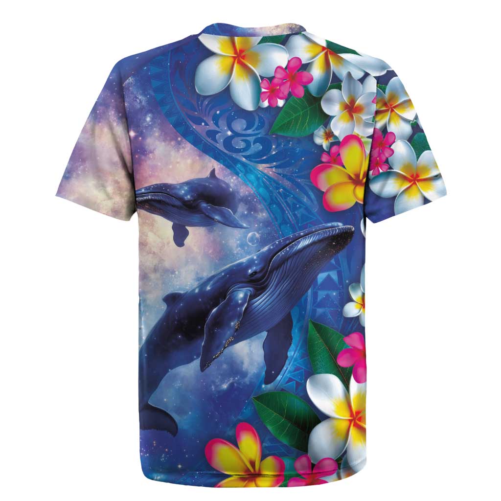 Hawaiian Lei Day Plumeria Humpback Whales Rugby Jersey Polynesian Art Vibrant Starry Nebula Style