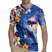 Hawaiian Lei Day Plumeria Humpback Whales Rugby Jersey Polynesian Art Vibrant Starry Nebula Style