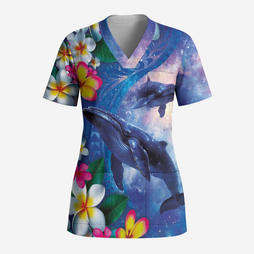 Hawaiian Lei Day Plumeria Humpback Whales Scrub Top Polynesian Art Vibrant Starry Nebula Style - Polynesian Pride