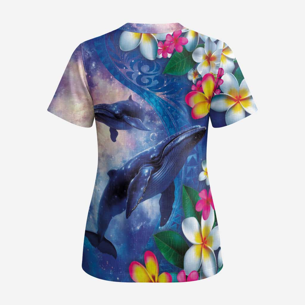 Hawaiian Lei Day Plumeria Humpback Whales Scrub Top Polynesian Art Vibrant Starry Nebula Style - Polynesian Pride