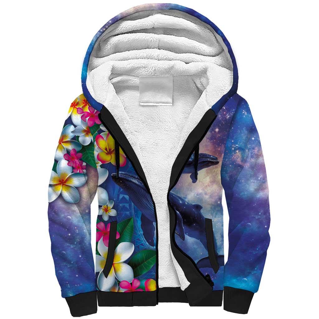Hawaiian Lei Day Plumeria Humpback Whales Sherpa Hoodie Polynesian Art Vibrant Starry Nebula Style