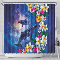Hawaiian Lei Day Plumeria Humpback Whales Shower Curtain Polynesian Art Vibrant Starry Nebula Style LT03 - Polynesian Pride