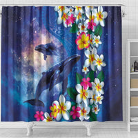 Hawaiian Lei Day Plumeria Humpback Whales Shower Curtain Polynesian Art Vibrant Starry Nebula Style LT03 - Polynesian Pride
