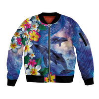 Hawaiian Lei Day Plumeria Humpback Whales Sleeve Zip Bomber Jacket Polynesian Art Vibrant Starry Nebula Style LT03 Unisex Art - Polynesian Pride