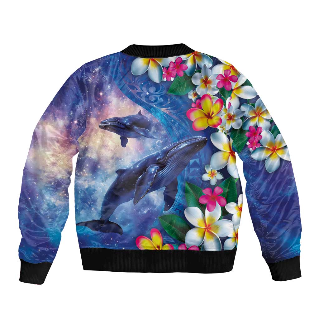 Hawaiian Lei Day Plumeria Humpback Whales Sleeve Zip Bomber Jacket Polynesian Art Vibrant Starry Nebula Style LT03 - Polynesian Pride