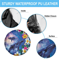 Hawaiian Lei Day Plumeria Humpback Whales Spare Tire Cover Polynesian Art Vibrant Starry Nebula Style