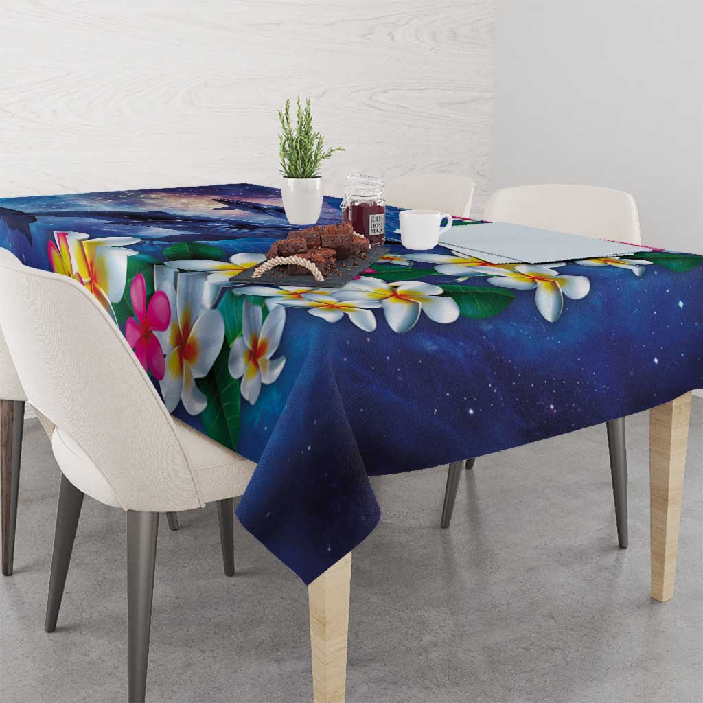 Hawaiian Lei Day Plumeria Humpback Whales Tablecloth Polynesian Art Vibrant Starry Nebula Style