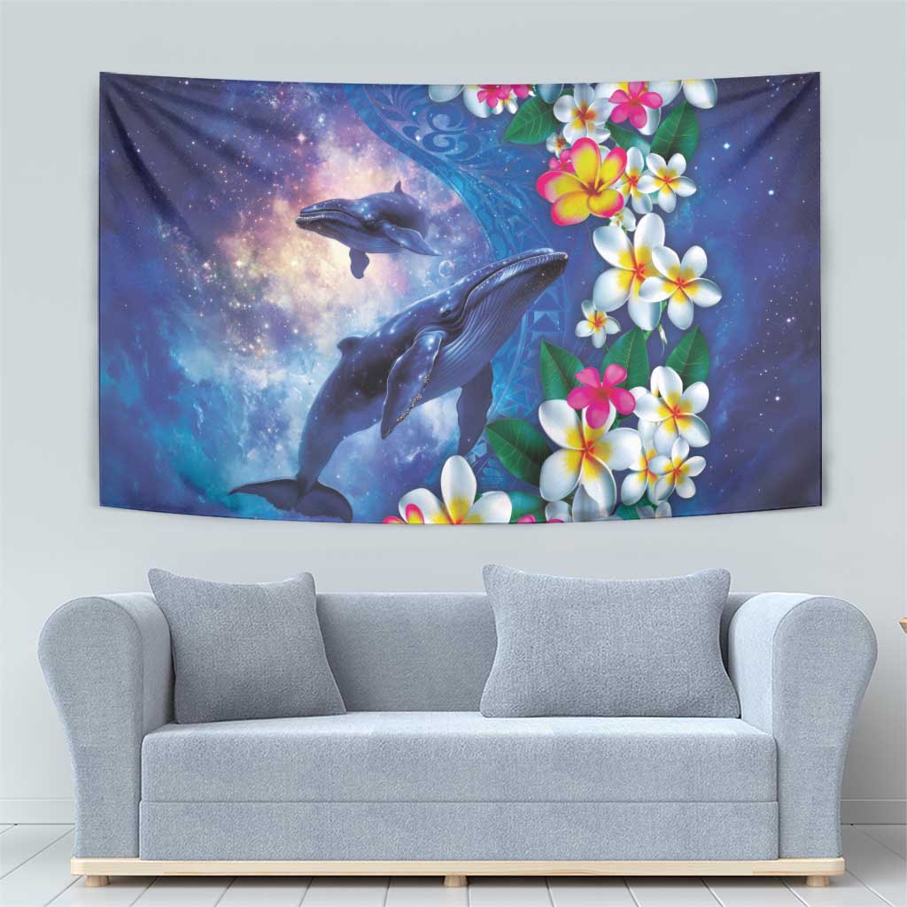 Hawaiian Lei Day Plumeria Humpback Whales Tapestry Polynesian Art Vibrant Starry Nebula Style