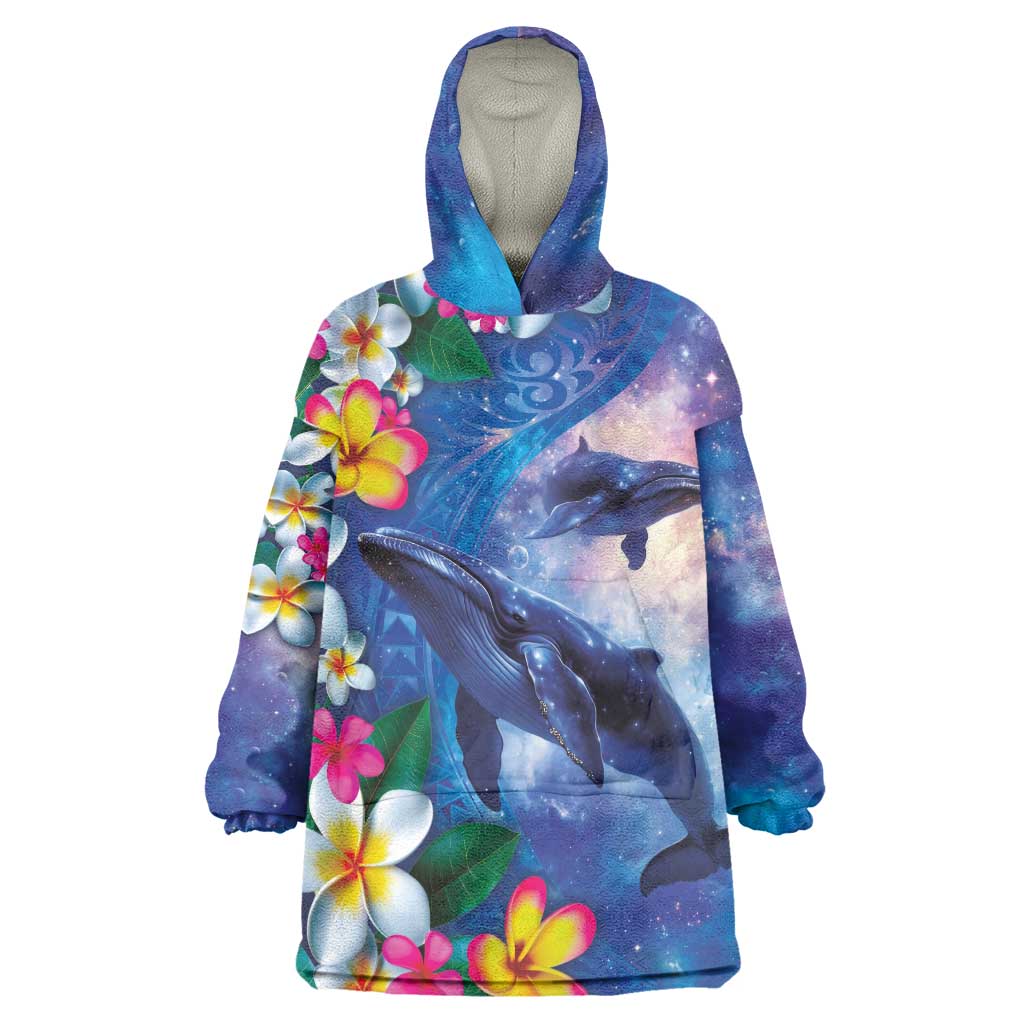 Hawaiian Lei Day Plumeria Humpback Whales Wearable Blanket Hoodie Polynesian Art Vibrant Starry Nebula Style