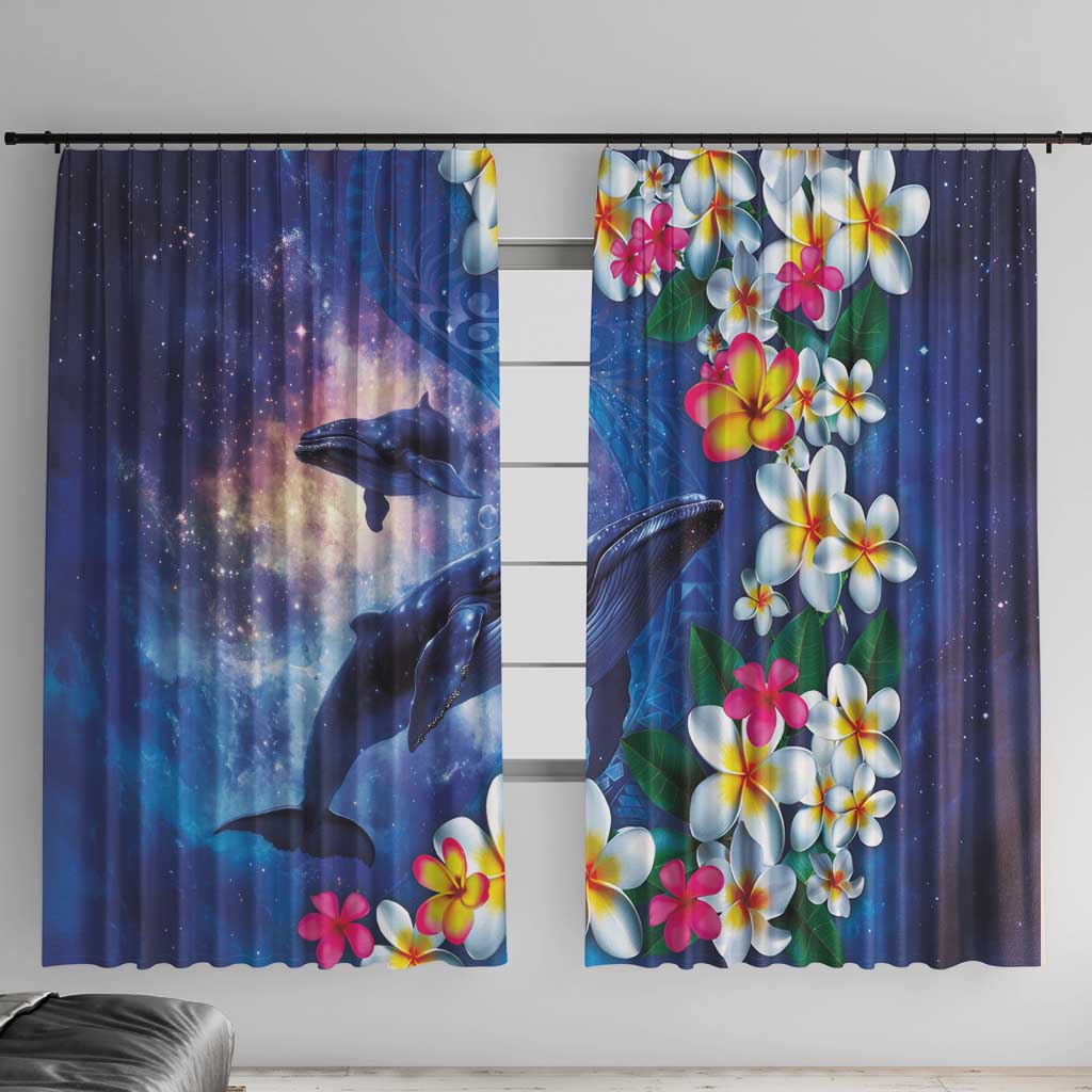 Hawaiian Lei Day Plumeria Humpback Whales Window Curtain Polynesian Art Vibrant Starry Nebula Style