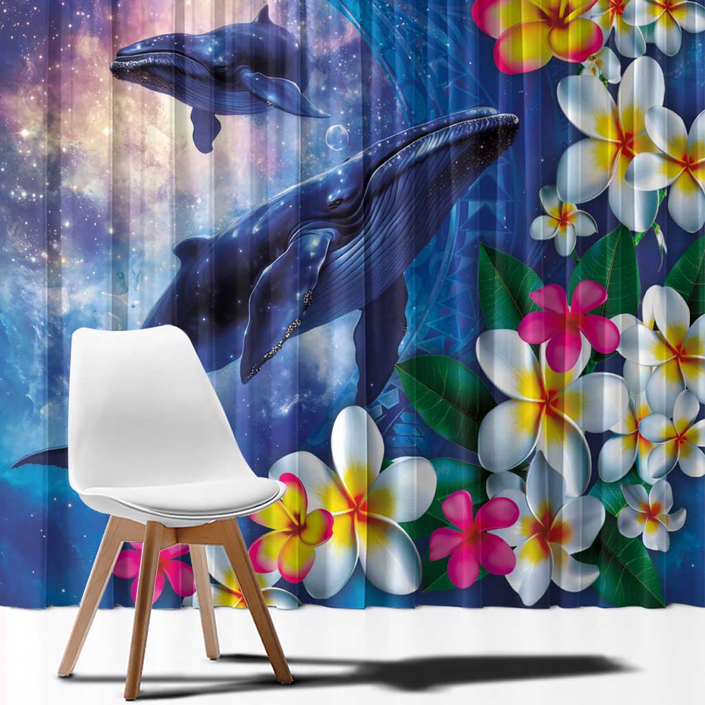 Hawaiian Lei Day Plumeria Humpback Whales Window Curtain Polynesian Art Vibrant Starry Nebula Style