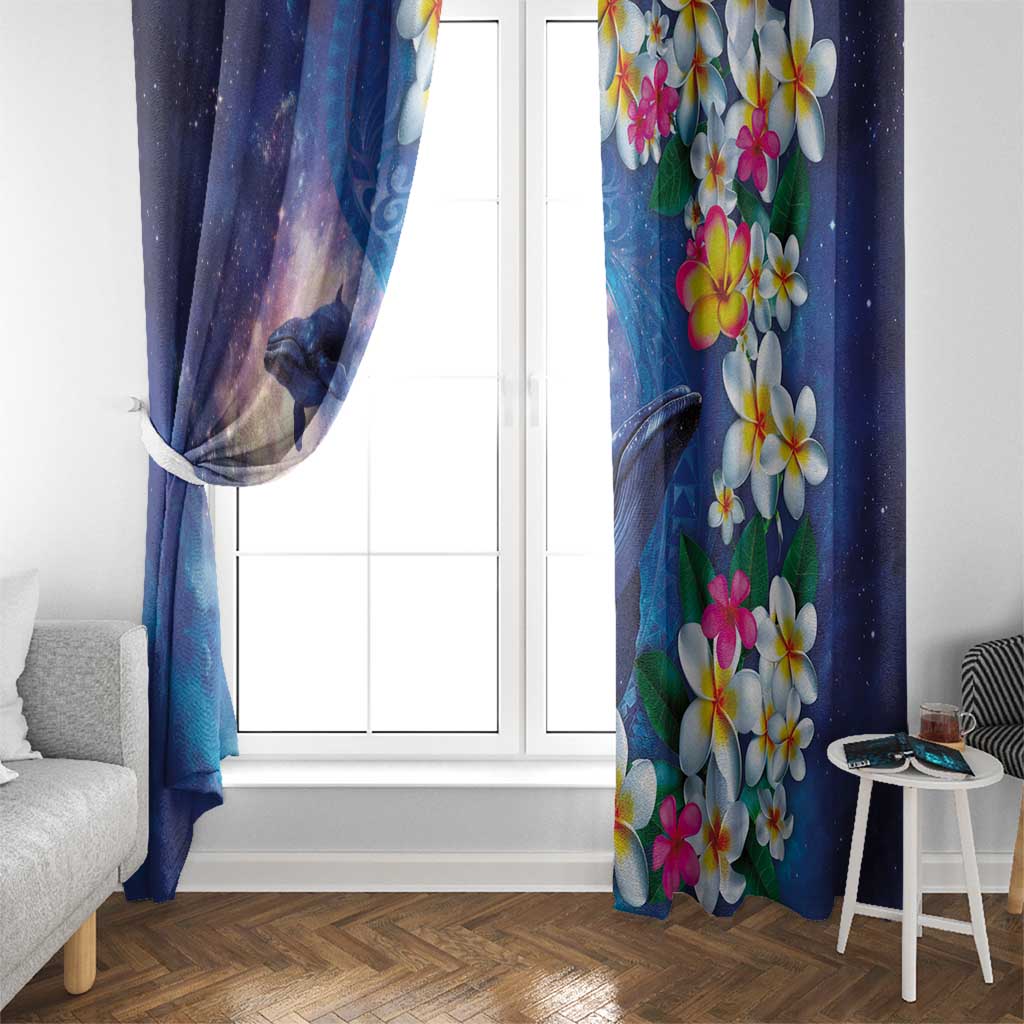 Hawaiian Lei Day Plumeria Humpback Whales Window Curtain Polynesian Art Vibrant Starry Nebula Style