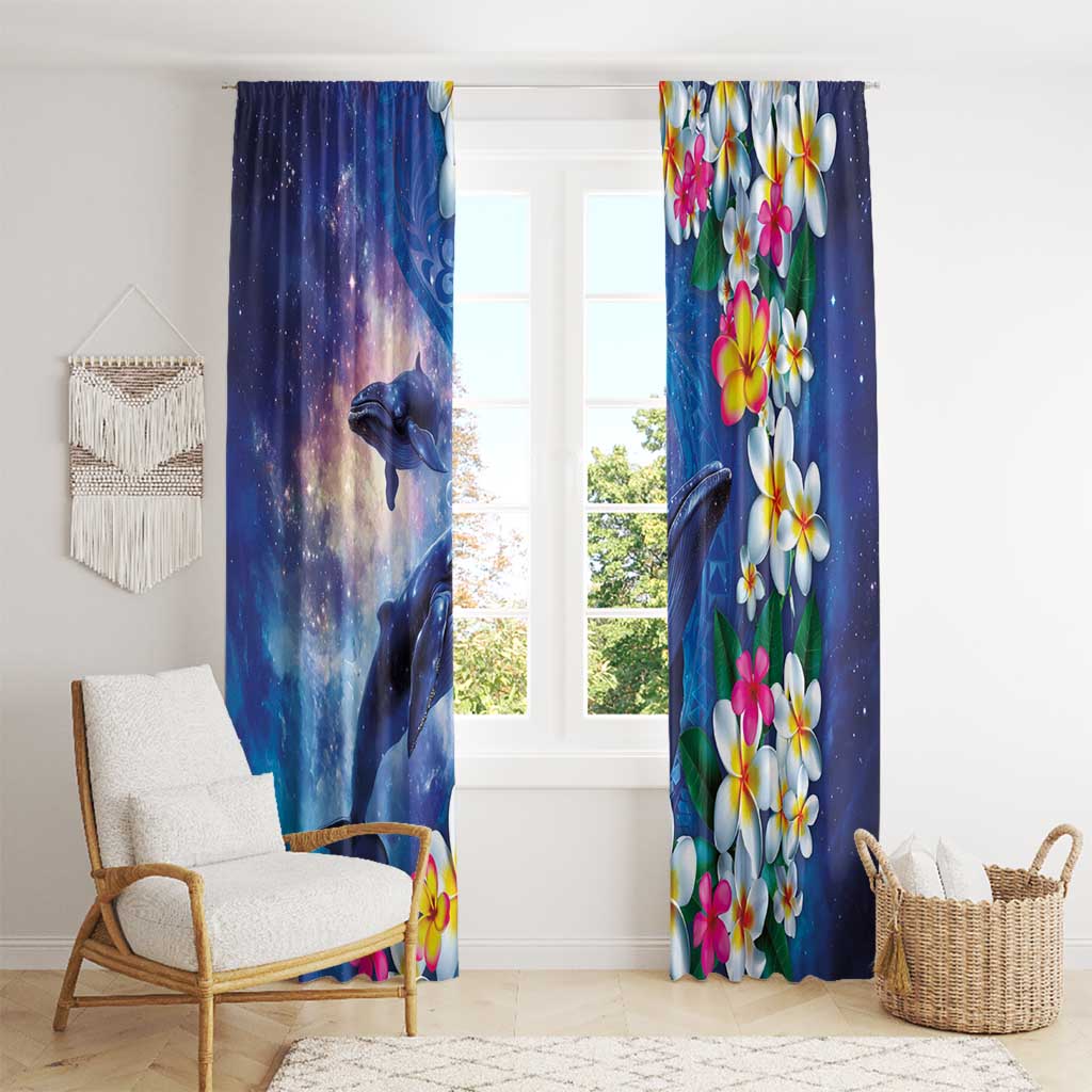 Hawaiian Lei Day Plumeria Humpback Whales Window Curtain Polynesian Art Vibrant Starry Nebula Style
