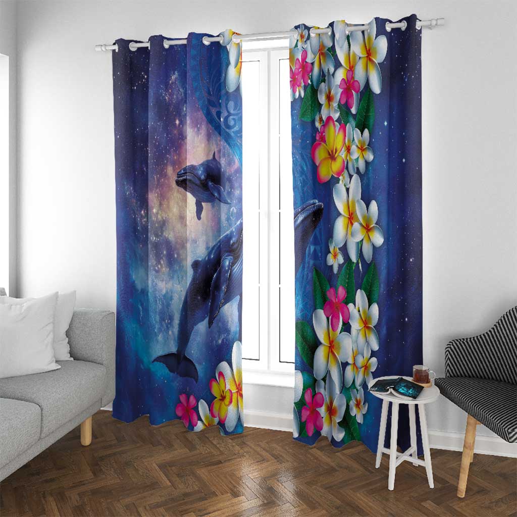 Hawaiian Lei Day Plumeria Humpback Whales Window Curtain Polynesian Art Vibrant Starry Nebula Style
