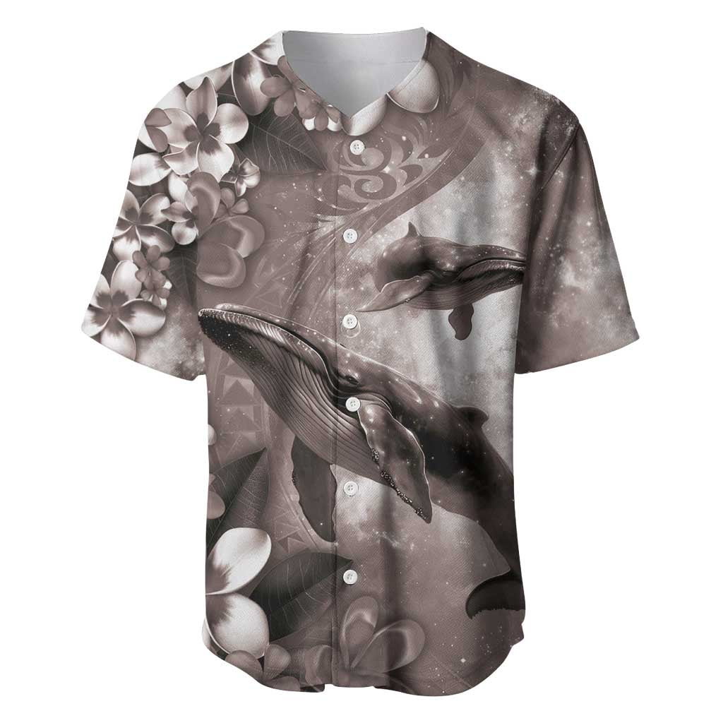 Hawaiian Lei Day Plumeria Humpback Whales Baseball Jersey Polynesian Art Vibrant Starry Nebula Grayscale Style