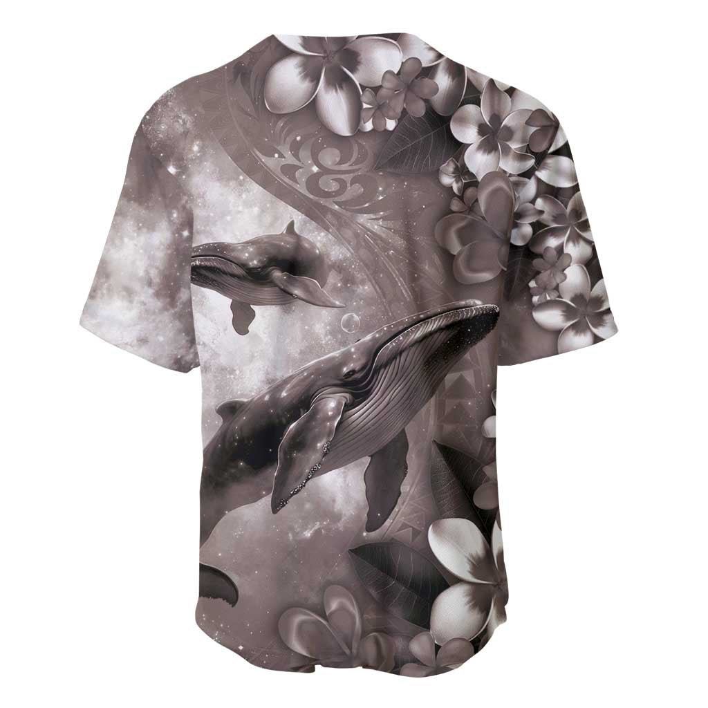 Hawaiian Lei Day Plumeria Humpback Whales Baseball Jersey Polynesian Art Vibrant Starry Nebula Grayscale Style