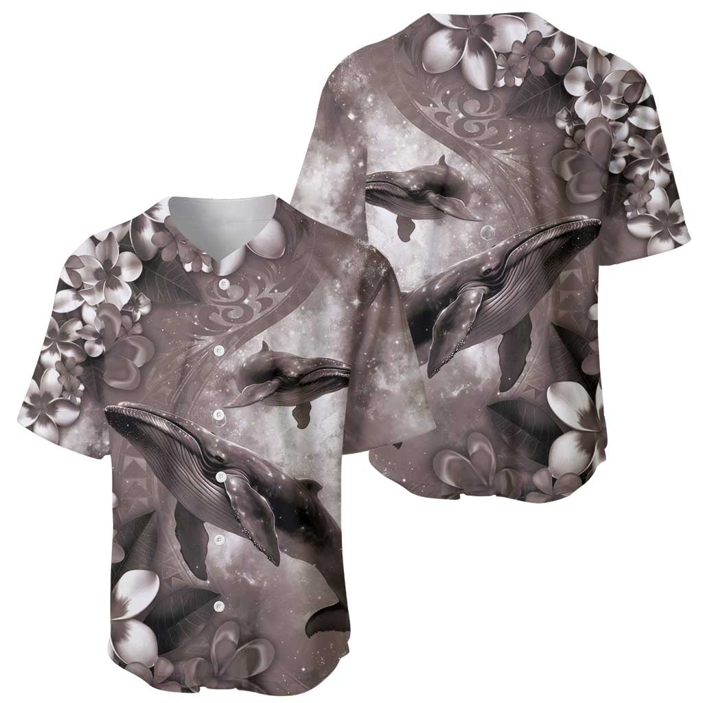 Hawaiian Lei Day Plumeria Humpback Whales Baseball Jersey Polynesian Art Vibrant Starry Nebula Grayscale Style