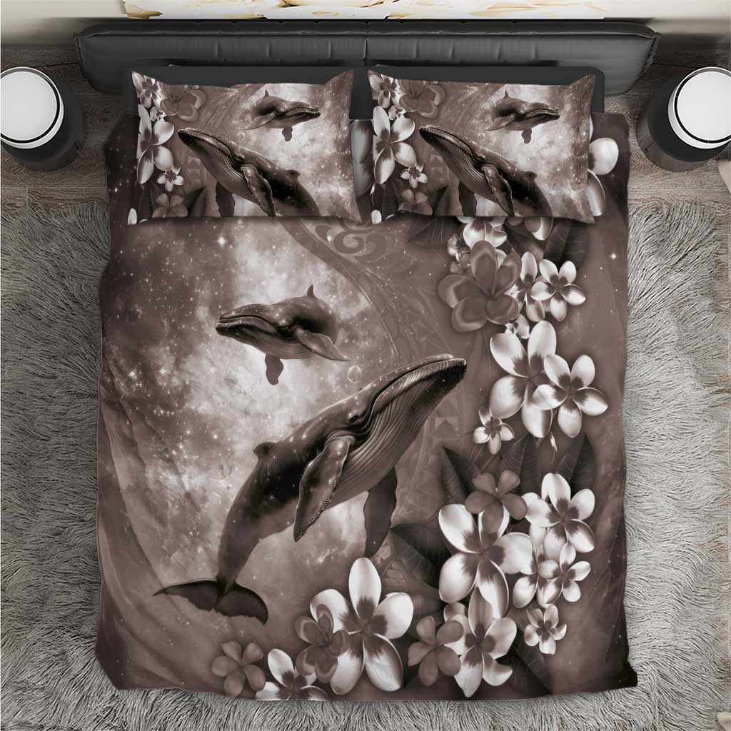 Hawaiian Lei Day Plumeria Humpback Whales Bedding Set Polynesian Art Vibrant Starry Nebula Grayscale Style