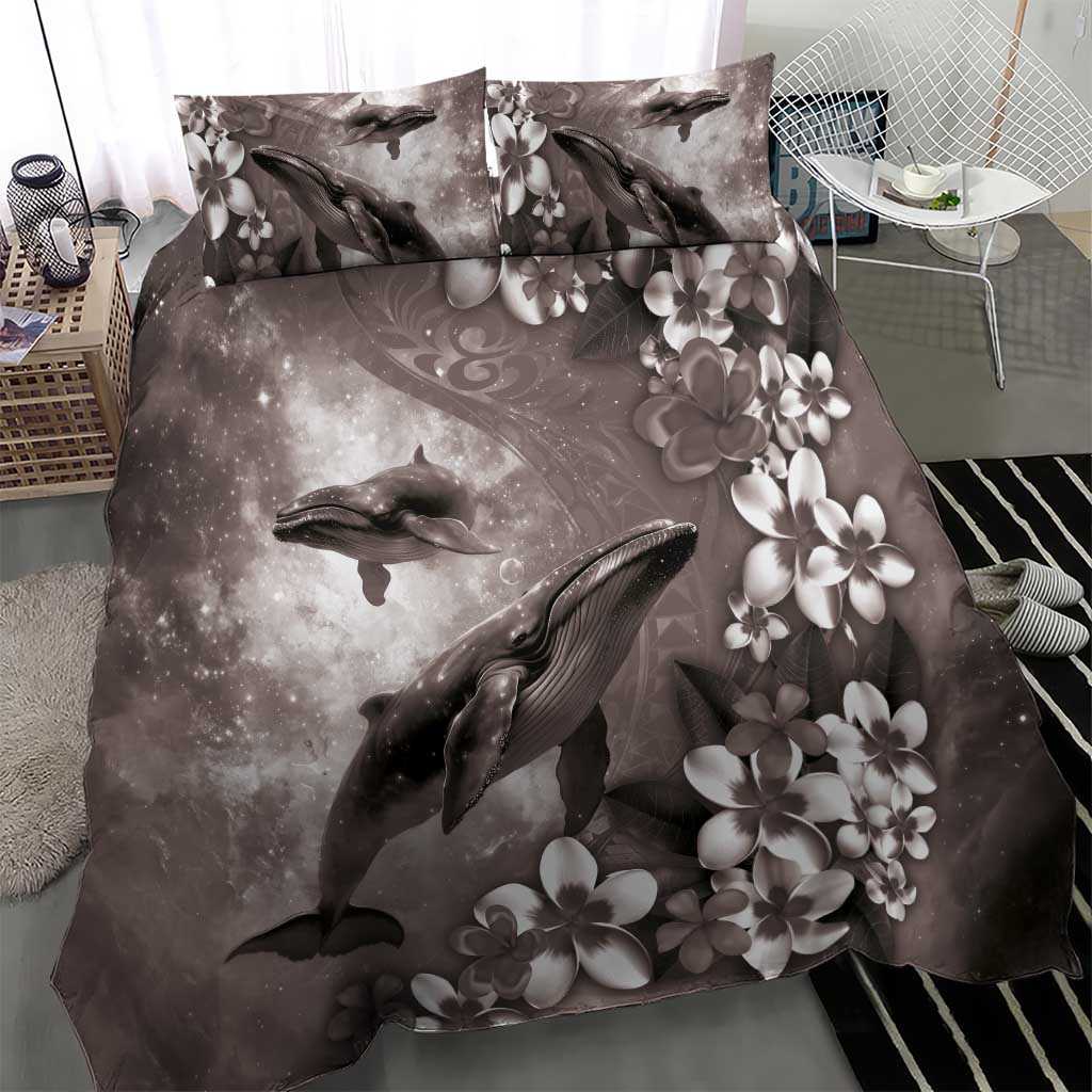 Hawaiian Lei Day Plumeria Humpback Whales Bedding Set Polynesian Art Vibrant Starry Nebula Grayscale Style