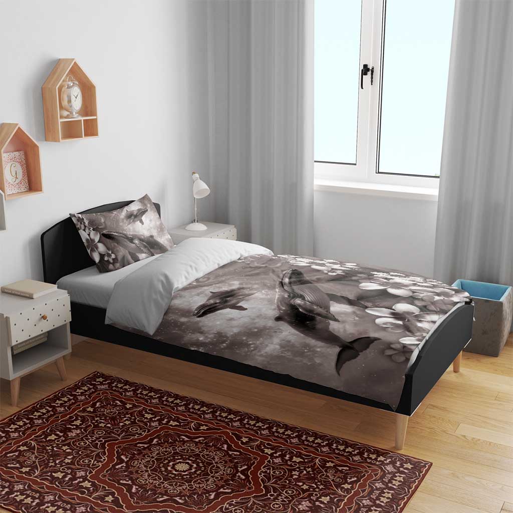 Hawaiian Lei Day Plumeria Humpback Whales Bedding Set Polynesian Art Vibrant Starry Nebula Grayscale Style