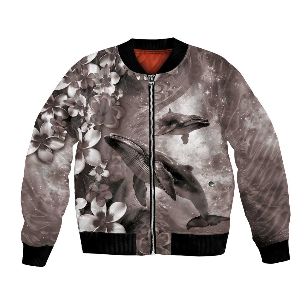 Hawaiian Lei Day Plumeria Humpback Whales Bomber Jacket Polynesian Art Vibrant Starry Nebula Grayscale Style LT03 Unisex Art - Polynesian Pride