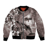 Hawaiian Lei Day Plumeria Humpback Whales Bomber Jacket Polynesian Art Vibrant Starry Nebula Grayscale Style LT03 Unisex Art - Polynesian Pride