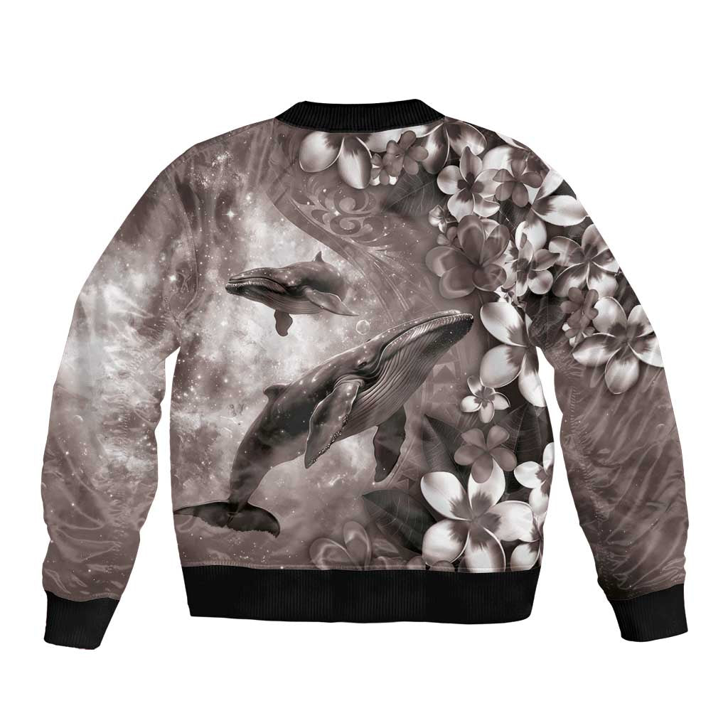 Hawaiian Lei Day Plumeria Humpback Whales Bomber Jacket Polynesian Art Vibrant Starry Nebula Grayscale Style LT03 - Polynesian Pride