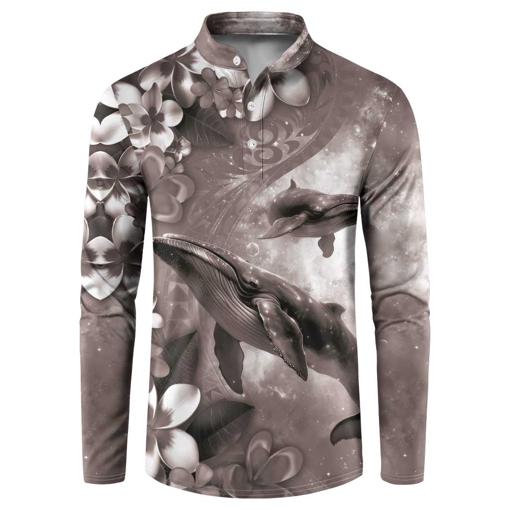 Hawaiian Lei Day Plumeria Humpback Whales Button Sweatshirt Polynesian Art Vibrant Starry Nebula Grayscale Style