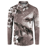 Hawaiian Lei Day Plumeria Humpback Whales Button Sweatshirt Polynesian Art Vibrant Starry Nebula Grayscale Style