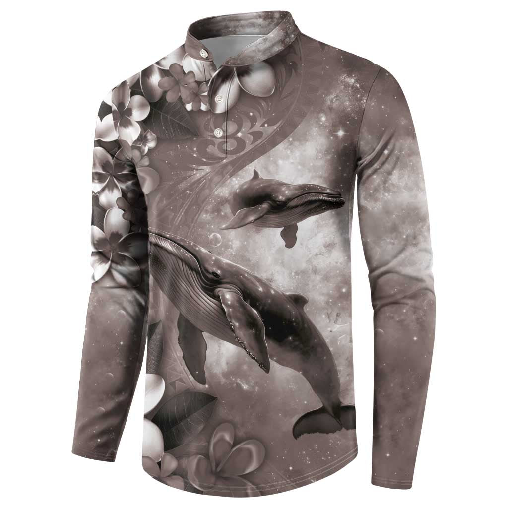 Hawaiian Lei Day Plumeria Humpback Whales Button Sweatshirt Polynesian Art Vibrant Starry Nebula Grayscale Style