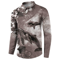 Hawaiian Lei Day Plumeria Humpback Whales Button Sweatshirt Polynesian Art Vibrant Starry Nebula Grayscale Style