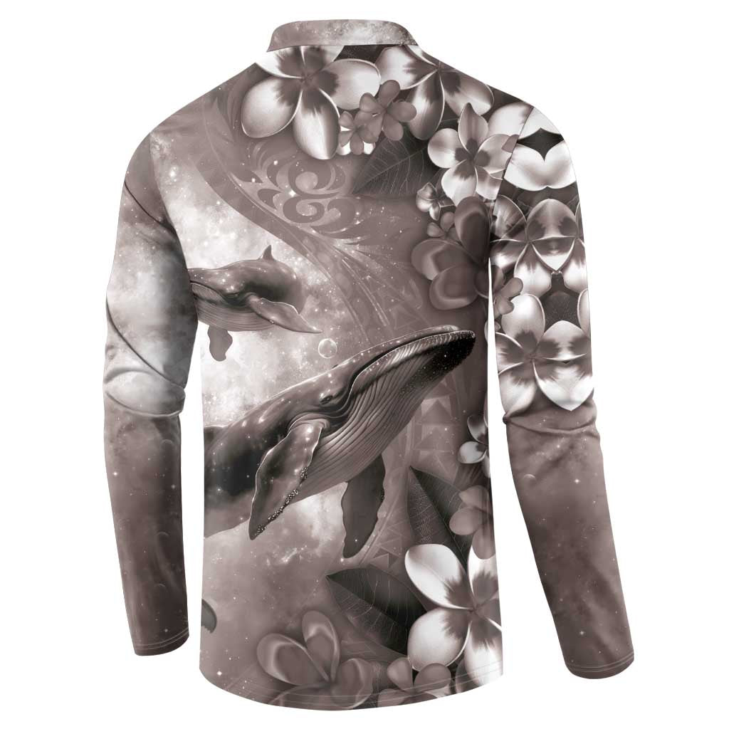 Hawaiian Lei Day Plumeria Humpback Whales Button Sweatshirt Polynesian Art Vibrant Starry Nebula Grayscale Style