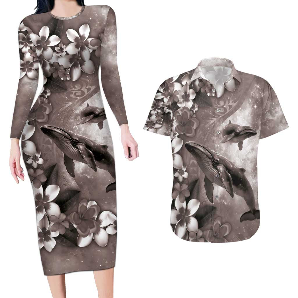 Hawaiian Lei Day Plumeria Humpback Whales Couples Matching Long Sleeve Bodycon Dress and Hawaiian Shirt Polynesian Art Vibrant Starry Nebula Grayscale Style LT03 Art - Polynesian Pride