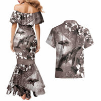 Hawaiian Lei Day Plumeria Humpback Whales Couples Matching Mermaid Dress and Hawaiian Shirt Polynesian Art Vibrant Starry Nebula Grayscale Style