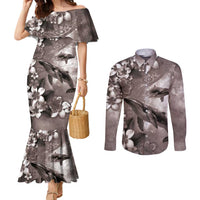 Hawaiian Lei Day Plumeria Humpback Whales Couples Matching Mermaid Dress and Long Sleeve Button Shirt Polynesian Art Vibrant Starry Nebula Grayscale Style