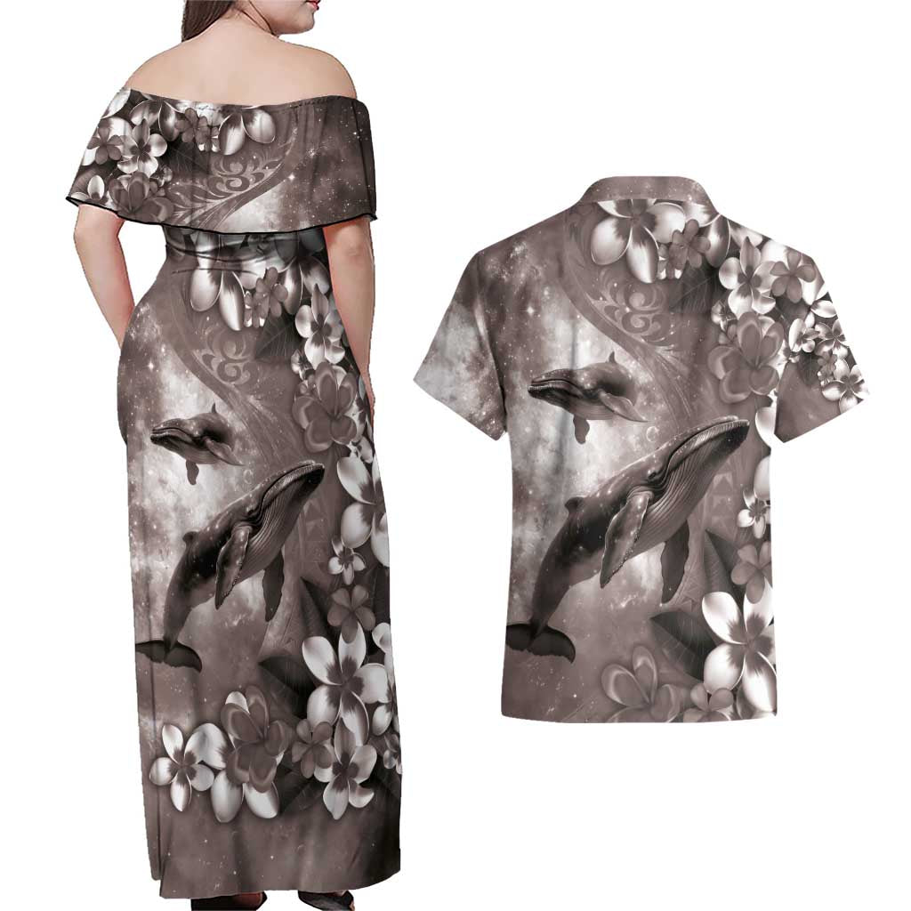Hawaiian Lei Day Plumeria Humpback Whales Couples Matching Off Shoulder Maxi Dress and Hawaiian Shirt Polynesian Art Vibrant Starry Nebula Grayscale Style