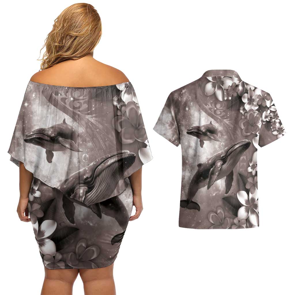 Hawaiian Lei Day Plumeria Humpback Whales Couples Matching Off Shoulder Short Dress and Hawaiian Shirt Polynesian Art Vibrant Starry Nebula Grayscale Style