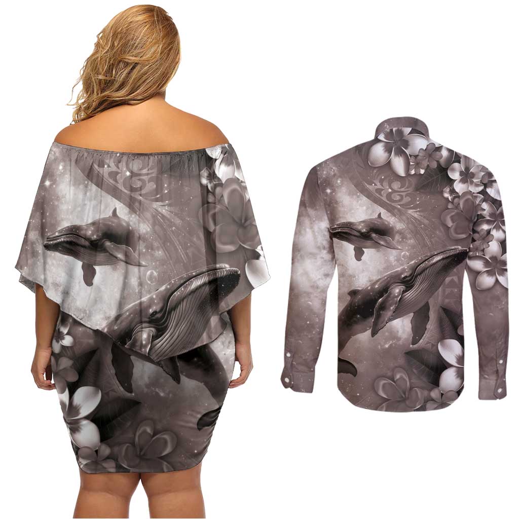 Hawaiian Lei Day Plumeria Humpback Whales Couples Matching Off Shoulder Short Dress and Long Sleeve Button Shirt Polynesian Art Vibrant Starry Nebula Grayscale Style