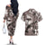 Hawaiian Lei Day Plumeria Humpback Whales Couples Matching Off The Shoulder Long Sleeve Dress and Hawaiian Shirt Polynesian Art Vibrant Starry Nebula Grayscale Style
