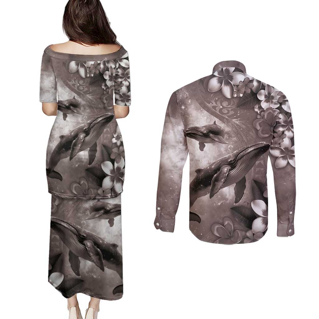 Hawaiian Lei Day Plumeria Humpback Whales Couples Matching Puletasi and Long Sleeve Button Shirt Polynesian Art Vibrant Starry Nebula Grayscale Style