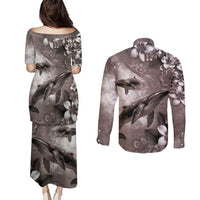 Hawaiian Lei Day Plumeria Humpback Whales Couples Matching Puletasi and Long Sleeve Button Shirt Polynesian Art Vibrant Starry Nebula Grayscale Style