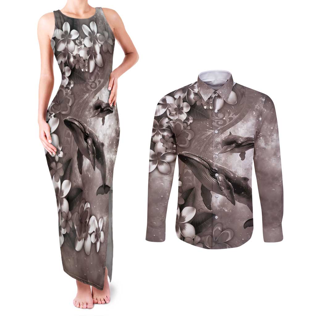 Hawaiian Lei Day Plumeria Humpback Whales Couples Matching Tank Maxi Dress and Long Sleeve Button Shirt Polynesian Art Vibrant Starry Nebula Grayscale Style
