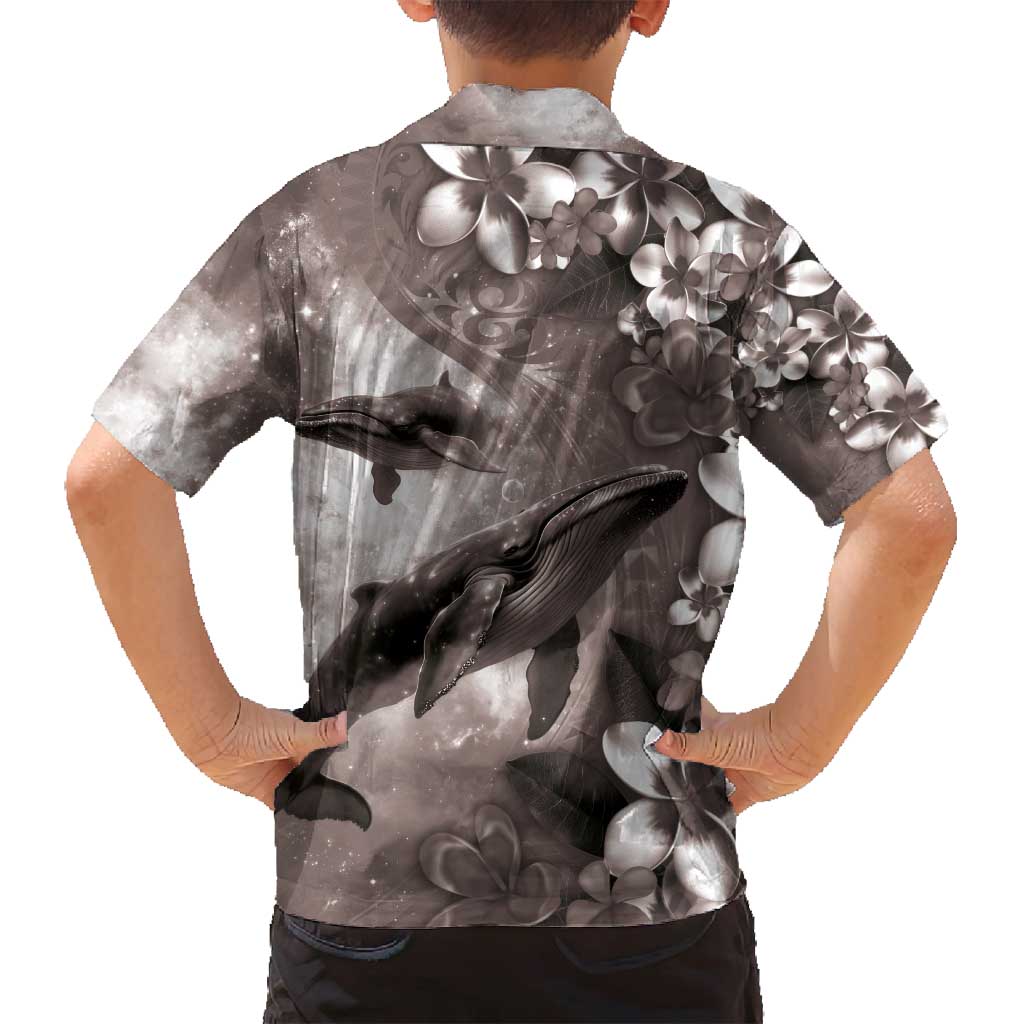 Hawaiian Lei Day Plumeria Humpback Whales Family Matching Long Sleeve Bodycon Dress and Hawaiian Shirt Polynesian Art Vibrant Starry Nebula Grayscale Style