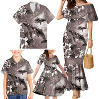 Hawaiian Lei Day Plumeria Humpback Whales Family Matching Mermaid Dress and Hawaiian Shirt Polynesian Art Vibrant Starry Nebula Grayscale Style