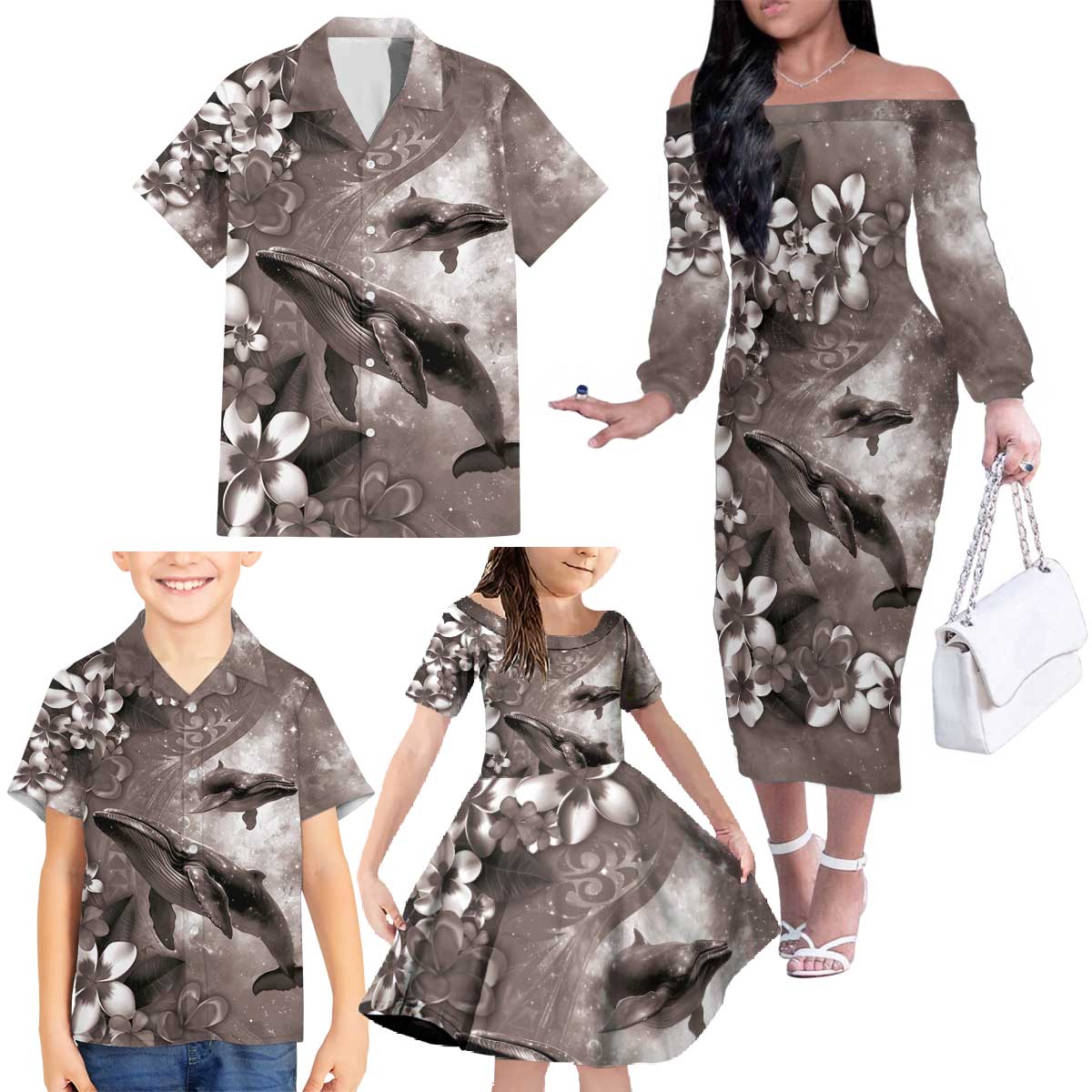 Hawaiian Lei Day Plumeria Humpback Whales Family Matching Off The Shoulder Long Sleeve Dress and Hawaiian Shirt Polynesian Art Vibrant Starry Nebula Grayscale Style