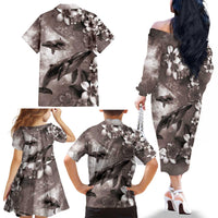 Hawaiian Lei Day Plumeria Humpback Whales Family Matching Off The Shoulder Long Sleeve Dress and Hawaiian Shirt Polynesian Art Vibrant Starry Nebula Grayscale Style